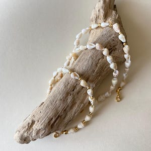 May include: A delicate necklace made of small, cream-colored seashells and gold-colored beads. The necklace is displayed on a piece of driftwood, showcasing its natural and beachy aesthetic. The necklace has a gold clasp.