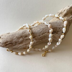 May include: A delicate necklace made of small, cream-colored seashells and interspersed with gold-colored beads. The necklace is displayed on a piece of driftwood against a neutral background. The necklace has a gold-colored clasp.