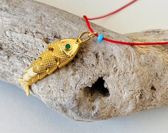 24 Carat Gold Plated Fish Necklace: Red Rope Lucky Charm