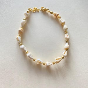 May include: An anklet featuring natural seashells and small gold-colored beads strung on a delicate gold-tone chain. The shells are primarily white with tan markings. The anklet has a lobster clasp closure.