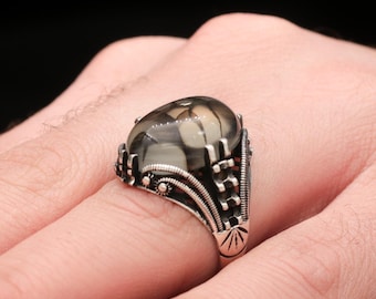 Turkish Sterling Silver Men's Ring: Dust Amber Gemstone