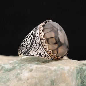 Agate & Tiger Eye Men&#39;s Ring: 925 Sterling Silver Turkish Design