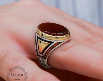 Agate Aqeeq Men Ring, Pure 925 Sterling Silver, Gemstone Jewelry, Personalized Anniversary, Gift For Him