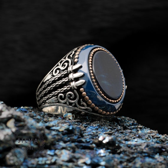 Bague Ovale En Argent 925 Avec Onyx Noir - Faite Main Unisexe - Taille 10