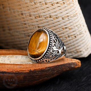 Anello In Argento Sterling 925 Fatto A Mano Con Pietre Naturali – Onice, Agata, Occhio Di Tigre, Turchese – Misura 11