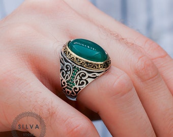 Men&#39;s Green Agate Ring: Handmade 925 Sterling Silver Akik Ring