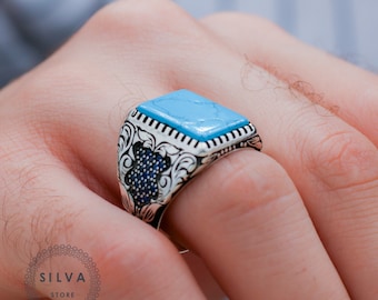 Turkish Men Ring, Pure 925 Sterling Silver, Pen Work Motif, Modern Jewelry, Personalized Anniversary Gift, Gem Color Can Be Selected