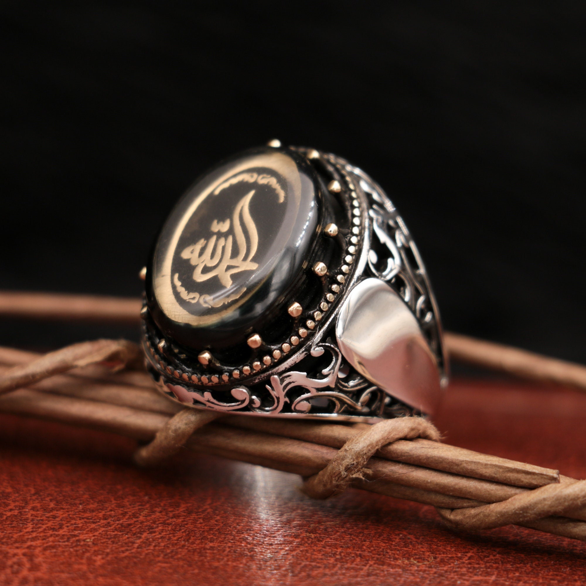 Men's 925 Sterling Silver Islamic Ring – Hasbiyallah Arabic Calligraphy With Blue Enamel, Ottoman Style