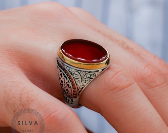 Agate Aqeeq Men&#39;s Ring: 925 Sterling Silver, Turkish Handmade