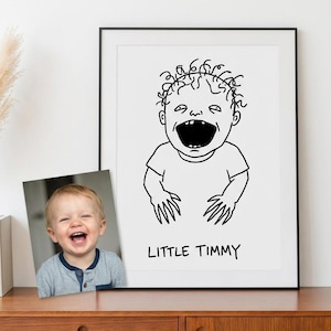 Può includere: Una stampa artistica in bianco e nero incorniciata di un bambino con la scritta "LITTLE TIMMY". Una fotografia di un bambino sorridente è accanto alla stampa incorniciata. Gli oggetti sono su una superficie di legno.