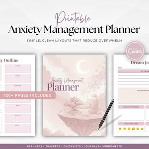 May include: A printable Anxiety Management Planner with simple, clean layouts. The cover features a serene illustration of a person meditating on a floating island. Includes 120+ pages with trackers, checklists, journals, and worksheets. A black pen rests on the pages.