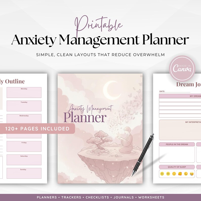 May include: A printable Anxiety Management Planner with simple, clean layouts. The cover features a serene illustration of a person meditating on a floating island. Includes 120+ pages with trackers, checklists, journals, and worksheets. A black pen rests on the pages.
