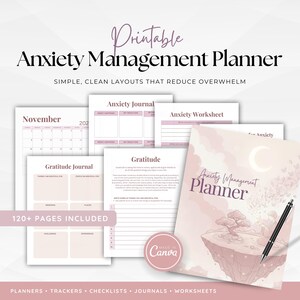 May include: A printable Anxiety Management Planner with simple, clean layouts. The planner includes a November 2023 calendar, anxiety journal, gratitude journal, and anxiety worksheet. The cover features a pink and white design with a pen.