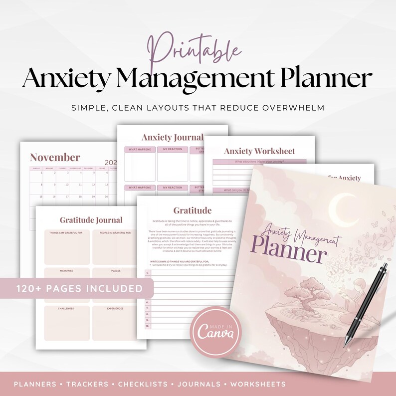 May include: A printable Anxiety Management Planner with simple, clean layouts. The planner includes a November 2023 calendar, anxiety journal, gratitude journal, and anxiety worksheet. The cover features a pink and white design with a pen.