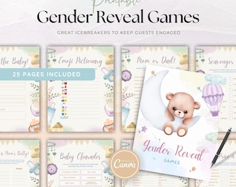 Paquete de juegos imprimibles para revelar el sexo del bebé / 20 juegos para fiestas de revelación de género + plantilla editable de Canva / Descarga instantánea de actividades para baby shower