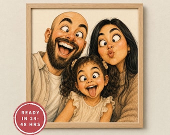 Retrato caricaturesco personalizado de familia y mascotas a partir de una foto, divertido dibujo digital personalizado, regalo de dibujos animados para padres, hijos y amantes de las mascotas.