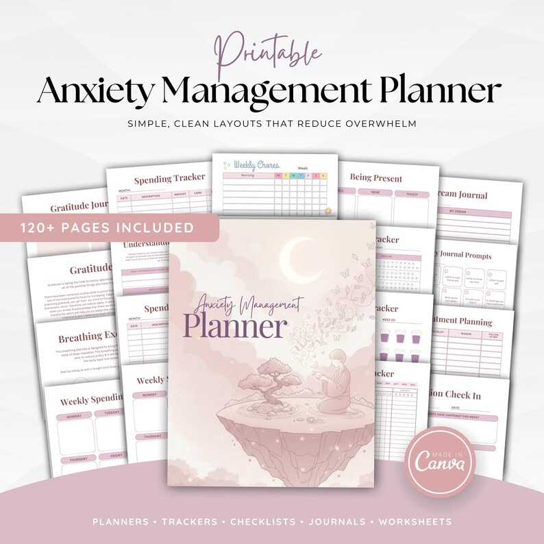 May include: A printable Anxiety Management Planner with simple, clean layouts. The cover features a serene illustration of a person meditating on a floating island. Includes 120+ pages with trackers, checklists, journals, and worksheets.