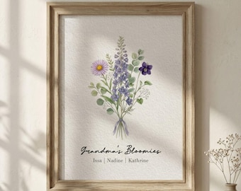 Personalized Birth Flower Bouquet Print | Custom Family Watercolor Floral Portrait | Birth Month Flower Gift