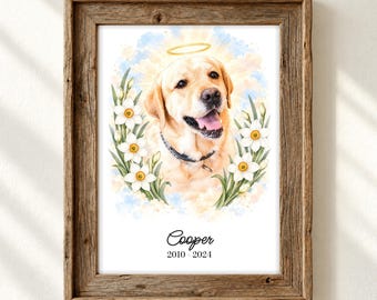 Pet Memorial Birth Flower Portrait | Custom Pet in Heaven with Halo | Dog & Cat Loss Gift | Watercolor Sympathy Print Digital Download