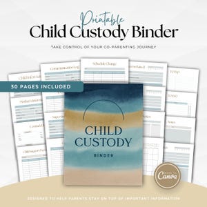 Peut inclure: Un classeur de garde d'enfants imprimable avec un design aquarelle bleu, beige et blanc. Le classeur comprend 30 pages et comprend des sections pour les informations sur les enfants, les journaux de communication et les horaires. Le texte comprend "Prenez le contrôle de votre parcours de coparentalité."
