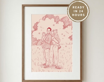 Custom Line Couple Portrait, Red Pencil Sketch from Photo, Unique Anniversary Gift, Digital Personalized Illustration