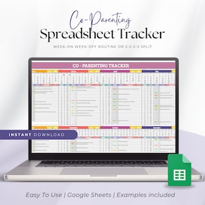 Könnte beinhalten: Ein Laptop zeigt eine farbenfrohe Tabelle mit dem Titel "Co-Parenting Tracker". Der Bildschirm zeigt ein Raster zur Verfolgung von Zeitplänen, mit dem Text "Week-on Week-off Routine or 2-2-5-5 Split". Die Worte "Instant Download" sind ebenfalls sichtbar. Der untere Bildschirmrand lautet "Easy To Use | Google Sheets | Examples included."