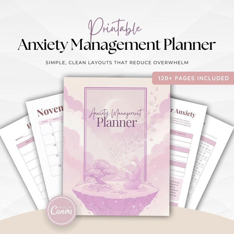 May include: A printable Anxiety Management Planner with a soft pink and purple color scheme. The cover features an illustration of a person meditating on a floating island. The text reads "Anxiety Management Planner" and "120+ pages included."