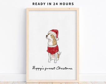 Pet Christmas Watercolor Illustration, Custom Hand Drawn Pet Portrait, Christmas Gift for Pet Lover, Watercolor Pet Art, Holiday Dog Art