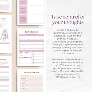 May include: A printable planner with pink and white pages. The planner includes sections for task planning, yearly goals, and managing fears. Text on the page reads "Take control of your thoughts".