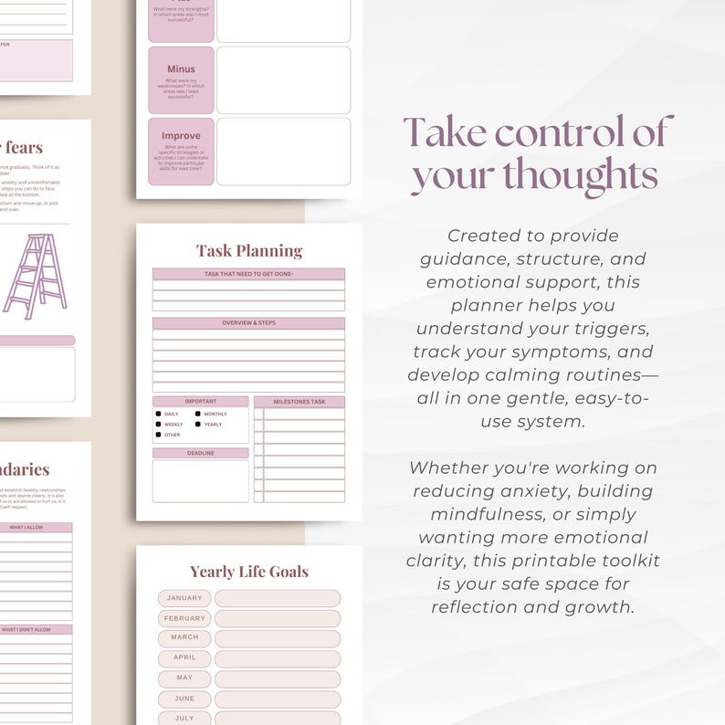 May include: A printable planner with pink and white pages. The planner includes sections for task planning, yearly goals, and managing fears. Text on the page reads "Take control of your thoughts".