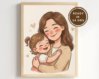 Custom Mom Portrait from Photo | Personalized Family Cartoon Illustration | Mother's Day Gift | Digital Wall Art