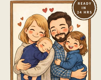 Custom Family Cartoon Portrait Illustration from Photo, Father's Day Gift Art, Personalized Digital Wall Art