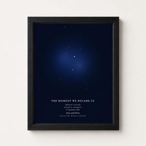 May include: A framed star map print featuring a dark navy blue background with a constellation of white stars. The text reads: THE MOMENT WE BECAME US, Melbourne, Australia, 37.8140 S, 144.9633 E, 17 September 2024, James and Elaine, Our Love Was Written in the Stars.