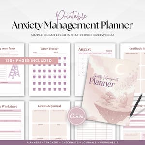May include: A printable Anxiety Management Planner with simple, clean layouts. The cover features a person meditating on a floating island. Includes a water tracker, gratitude journal, and worksheets. The planner has 120+ pages.