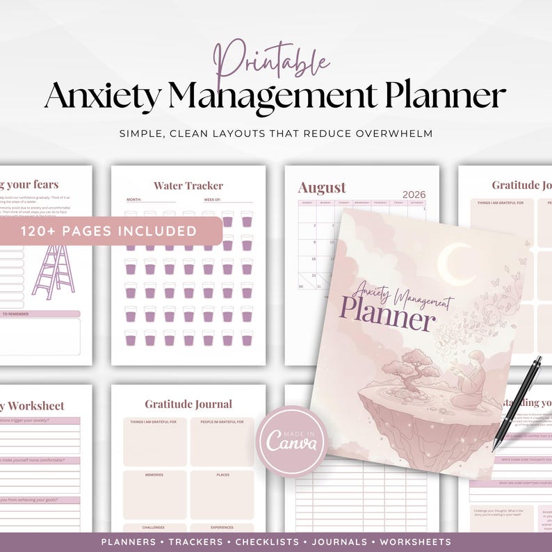 May include: A printable Anxiety Management Planner with simple, clean layouts. The cover features a person meditating on a floating island. Includes a water tracker, gratitude journal, and worksheets. The planner has 120+ pages.