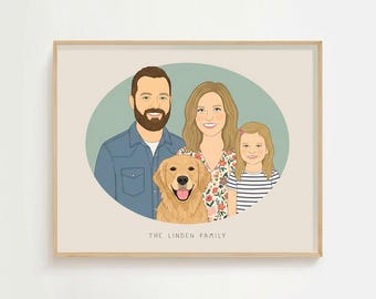Personalized Family Portrait with Pets, Custom Digital Illustration Gift, Pet Lovers Gift, Gift for Mom and Dad, Family Portrait from Photo