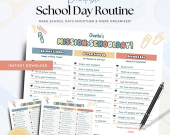 Editable School Day Checklist for Kids | Printable Routine Chart | Kids Daily Planner | Morning & Bedtime Chore Sheet | PDF Download