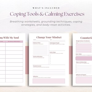 May include: A set of printable worksheets for coping tools and calming exercises. The worksheets include sections for changing your mindset, managing anxiety, and self-reflection. The design is a soft pink and white color scheme with text in a dark mauve color.