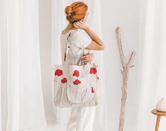 Linen Bucket Bag with Red Poppies • Handmade Boho Bag • Drawstring Lock Shoulder Bag • Bag with Large Front Pocket