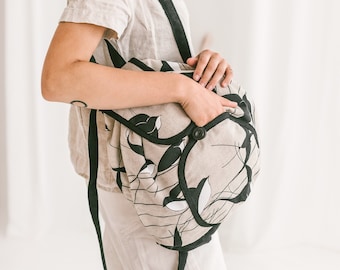 Linen Backpack with Swallows • Women’s Girls Drawstring Rucksack