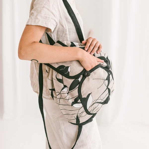 Linen Backpack with Swallows • Women’s Girls Drawstring Rucksack