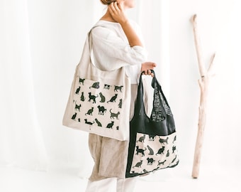 Linen Tote Bag with Cat Shadows • Foldable Shopping Bag • Eco friendly Reusable Bag