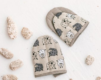 Linen Oven Mitts with Sheep • Natural Cooking Glove • Handmade Pot Holder