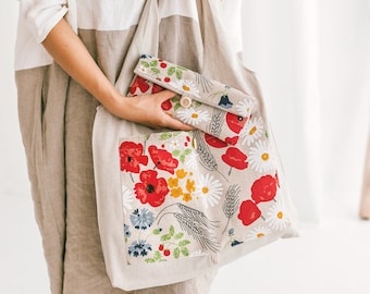 Linen Tote Bag with Wild Flowers • Foldable Shopping Bag • Eco friendly Reusable Bag