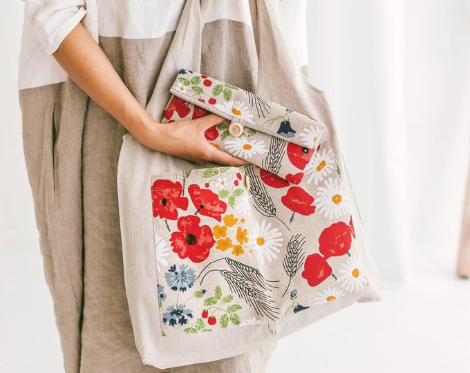 Linen Tote Bag with Wild Flowers • Foldable Shopping Bag • Eco friendly Reusable Bag
