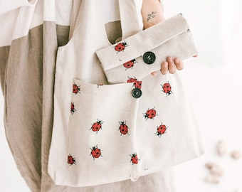 Linen Tote Bag with Ladybugs • Foldable Shopping Bag • Eco friendly Reusable Bag