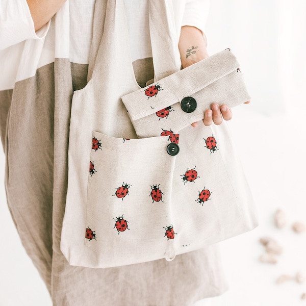 Borsa tote di lino con coccinelle • Shopping bag pieghevole • Borsa riutilizzabile ecologica