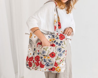 Linen Bucket Bag with Wild Flowers • Handmade Boho Bag • Drawstring Lock Shoulder Bag • Bag with Large Front Pocket