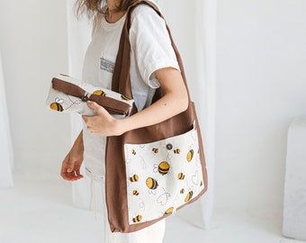 Linen Tote Bag with Bumblebees  • Foldable Shopping Bag • Eco friendly Reusable Bag