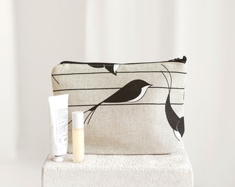 Linen Makeup Bag with Swallows • Cosmetic Pouch with the Zip • Washbag for Women